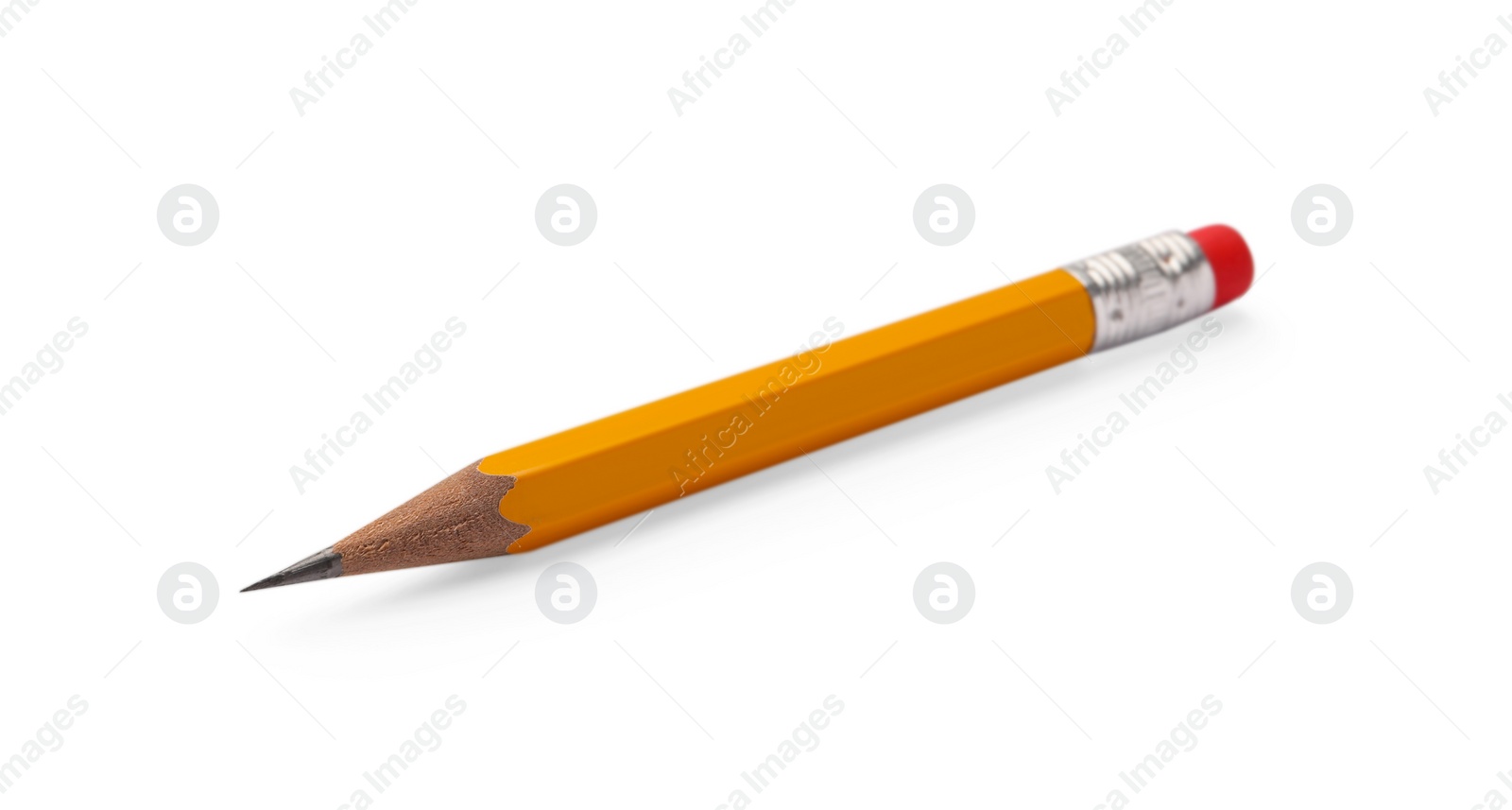 Photo of Short graphite pencil with eraser isolated on white. School stationery