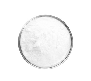 Photo of Bowl with baking soda on white background, top view