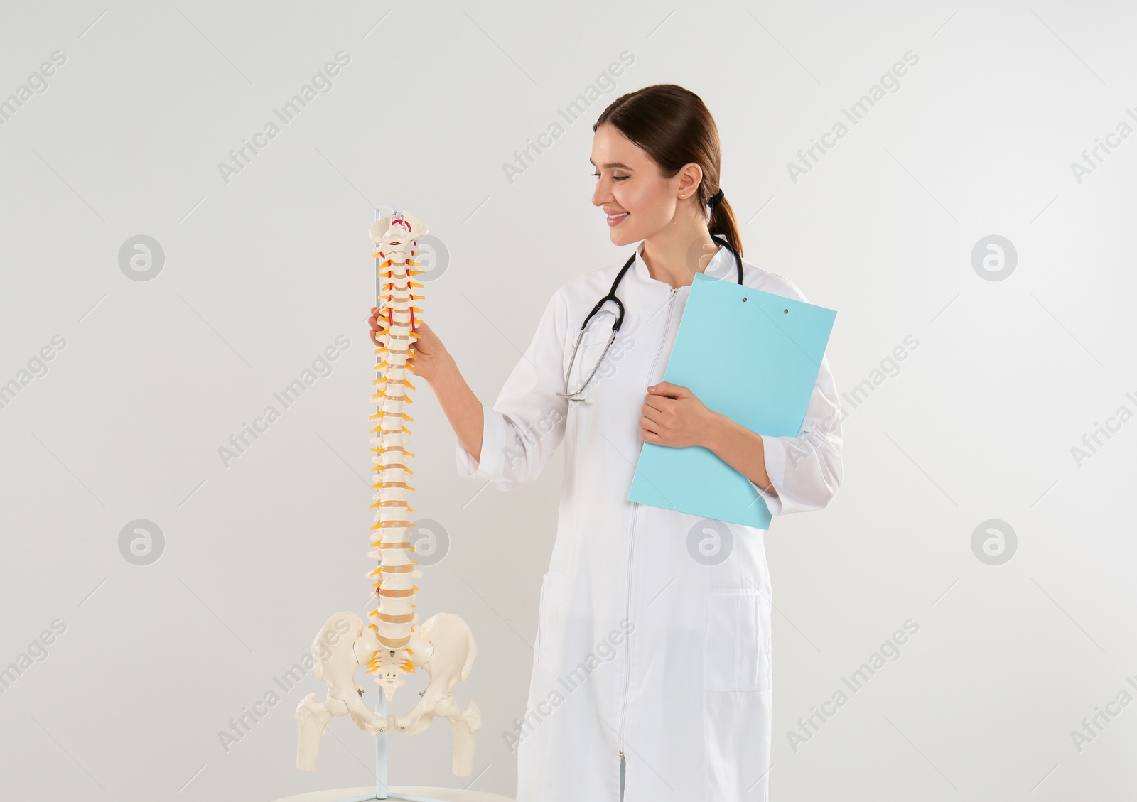 Photo of Female orthopedist with human spine model against light background
