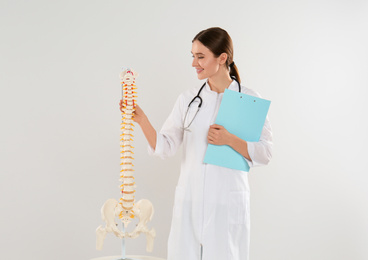 Female orthopedist with human spine model against light background