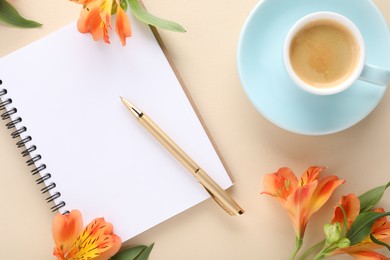 Photo of Guest list. Notebook, pen, coffee and beautiful flowers on beige table, flat lay. Space for text