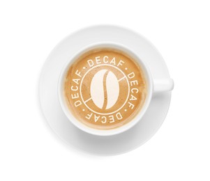 Cup of aromatic decaf coffee on white background, top view