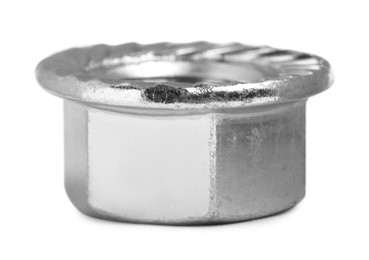 Photo of One metal flange nut on white background