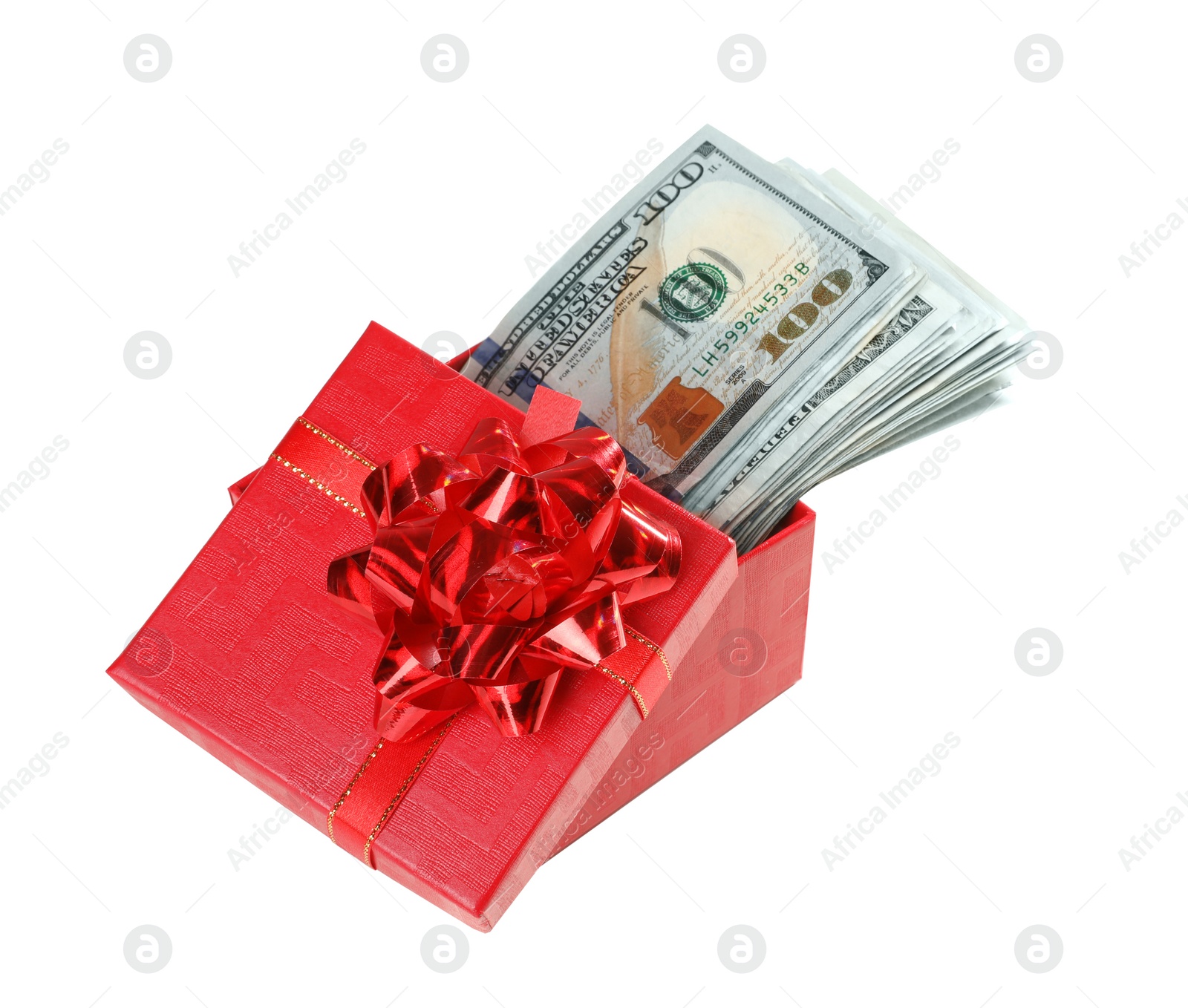 Photo of Gift box with dollar banknotes on white background