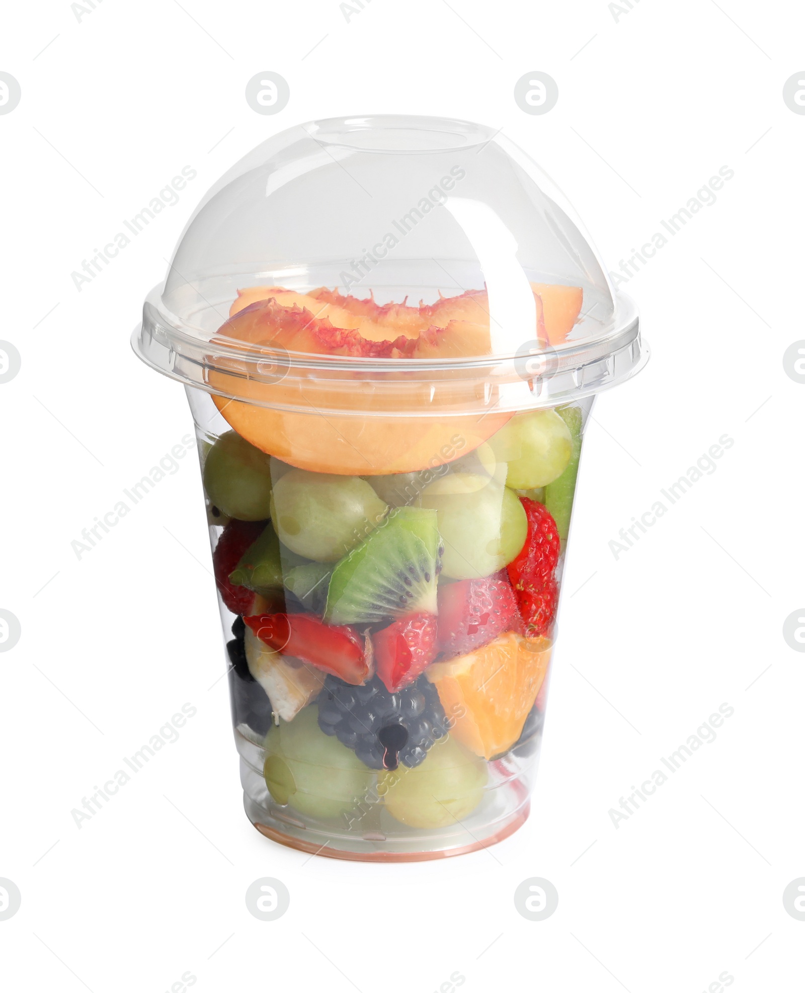 Photo of Fresh tasty fruit salad in plastic cup on white background