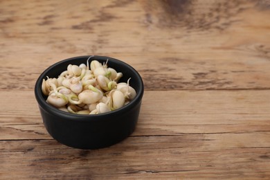 Photo of Sprouted kidney beans in bowl on wooden table, closeup. Space for text