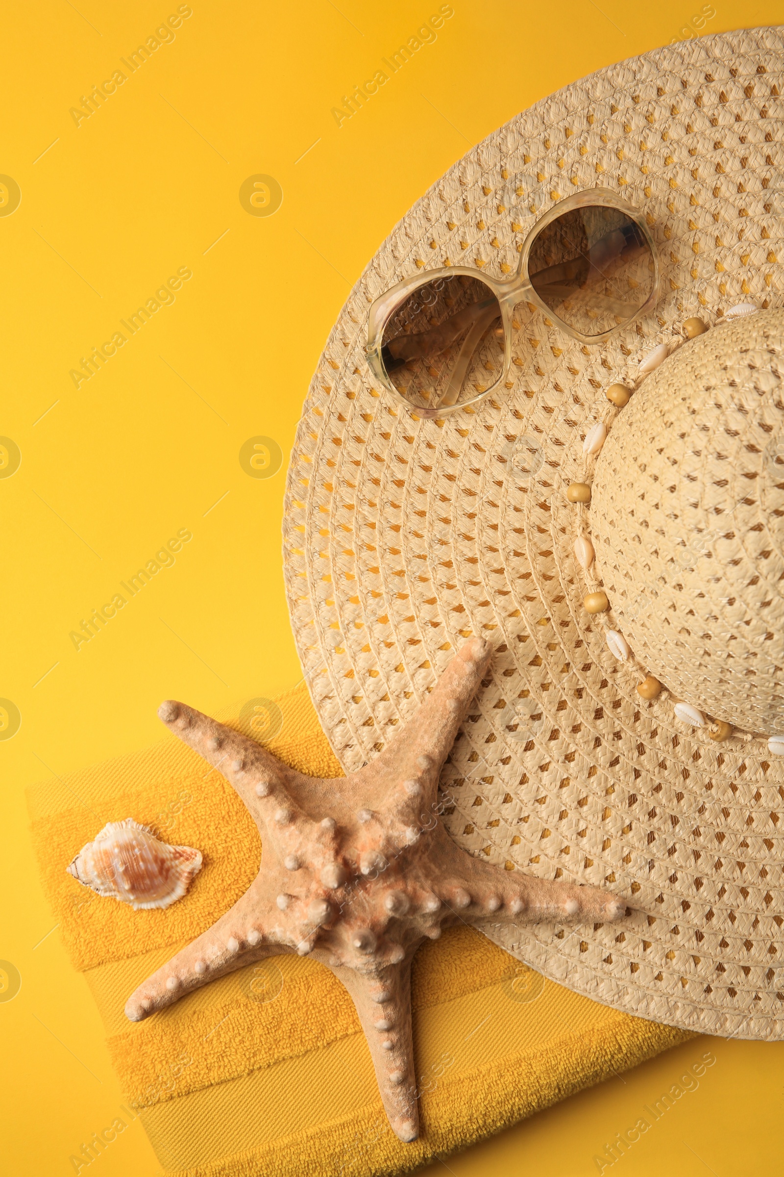 Photo of Beach accessories, shell and starfish on orange background, flat lay