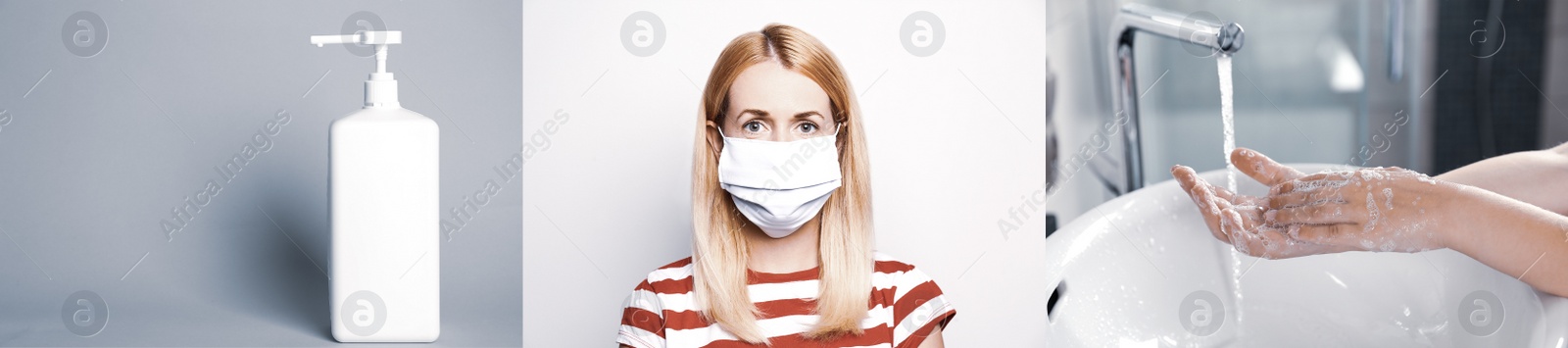 Image of Stop coronavirus spreading. Using sanitizer, wearing mask and washing hands - preventing contamination, banner design