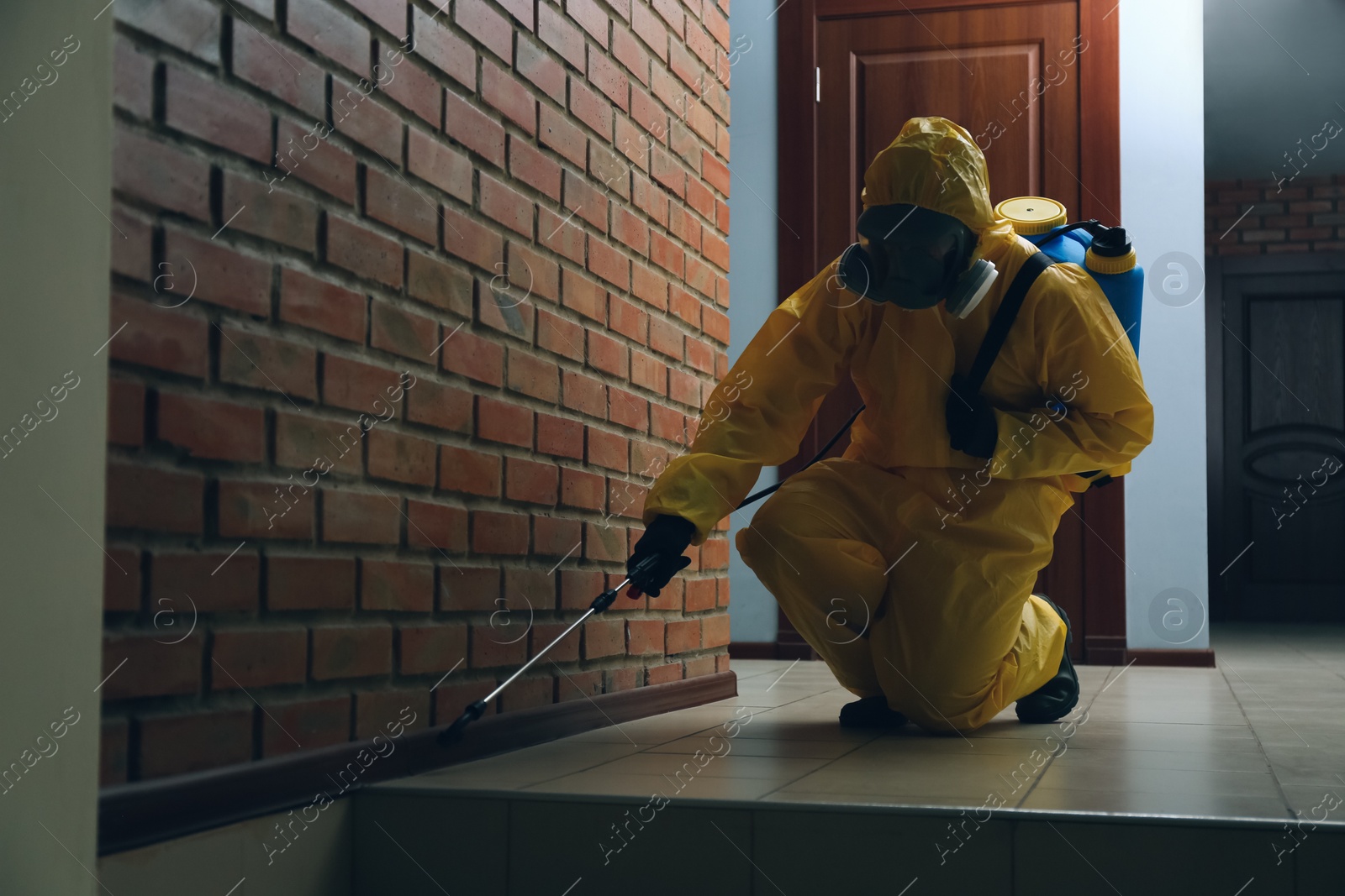 Photo of Pest control worker in protective suit spraying pesticide indoors. Space for text