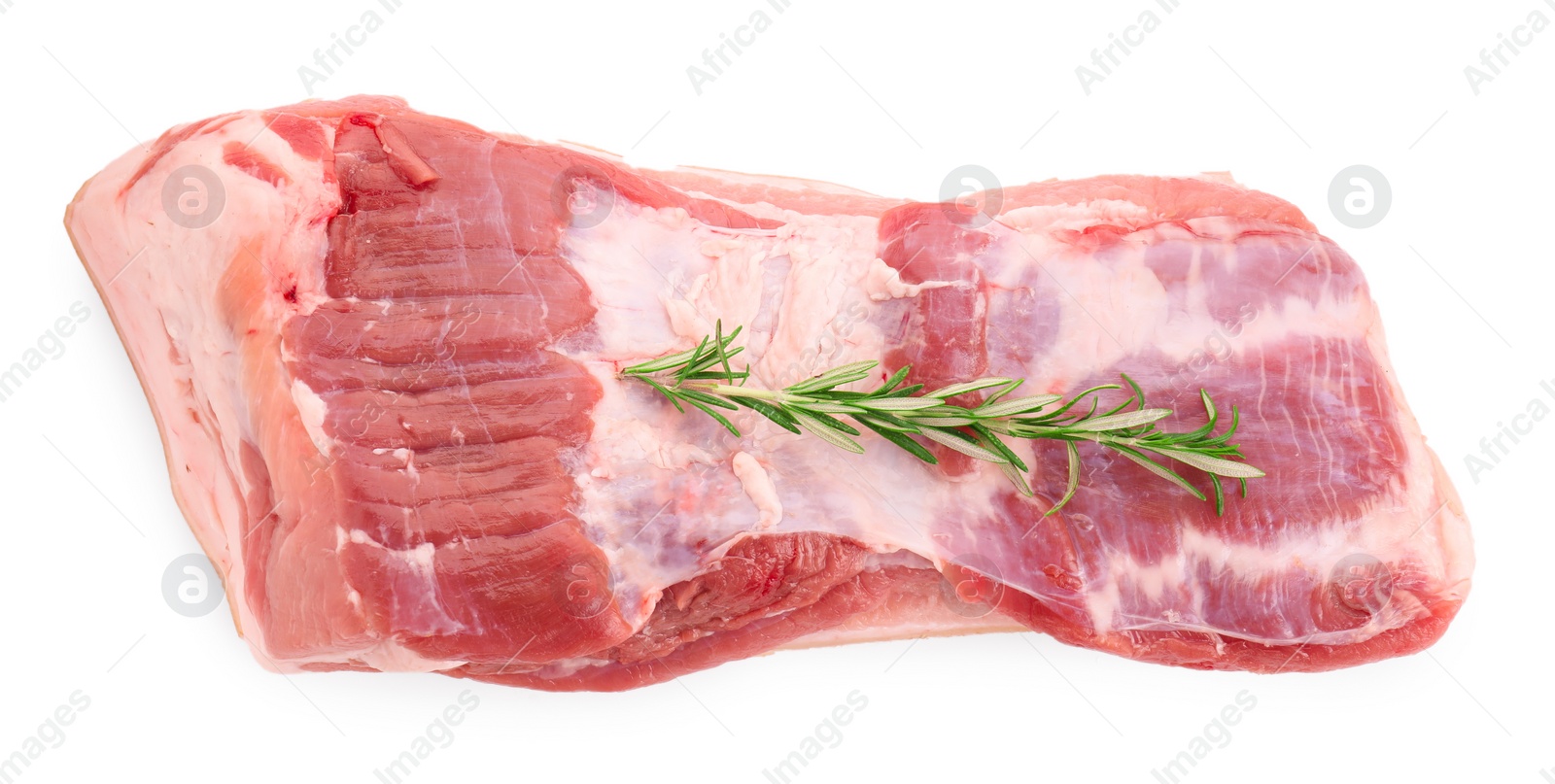 Photo of One piece of raw pork belly and rosemary isolated on white, top view