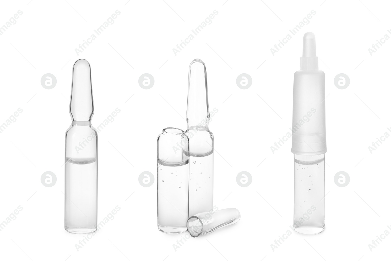 Image of Set with glass ampoules with pharmaceutical products on white background