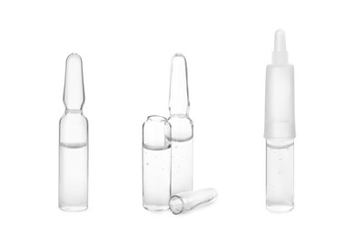 Image of Set with glass ampoules with pharmaceutical products on white background