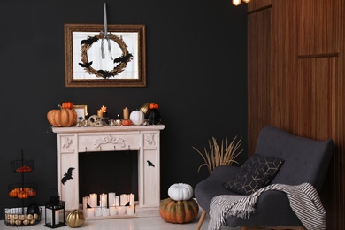 Photo of Modern room decorated for Halloween. Idea for festive interior