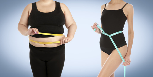 Image of Slim and overweight women on color background, closeup