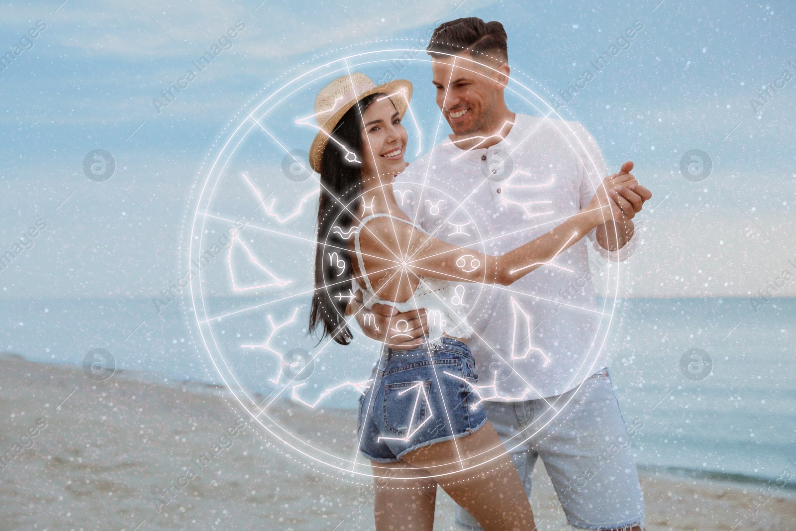 Image of Horoscope compatibility. Loving couple and zodiac wheel