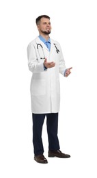 Doctor in coat with stethoscope on white background