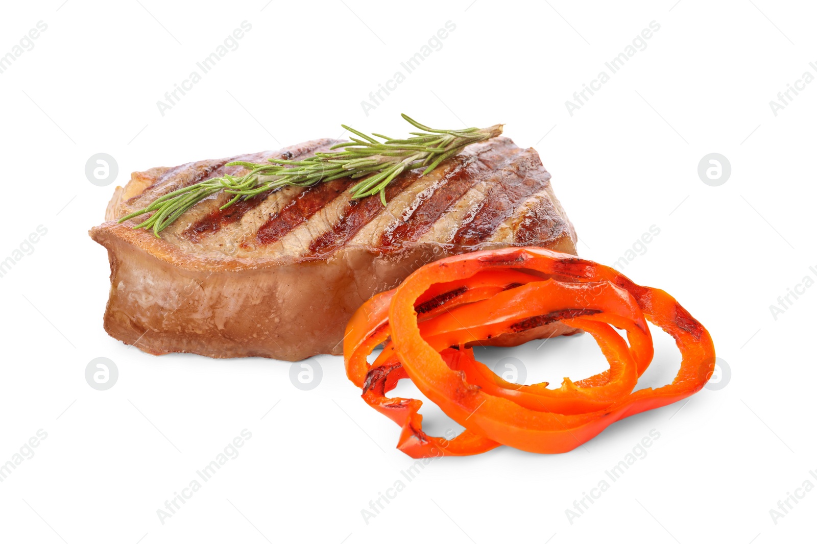 Photo of Delicious grilled beef steak with peppers and rosemary isolated on white