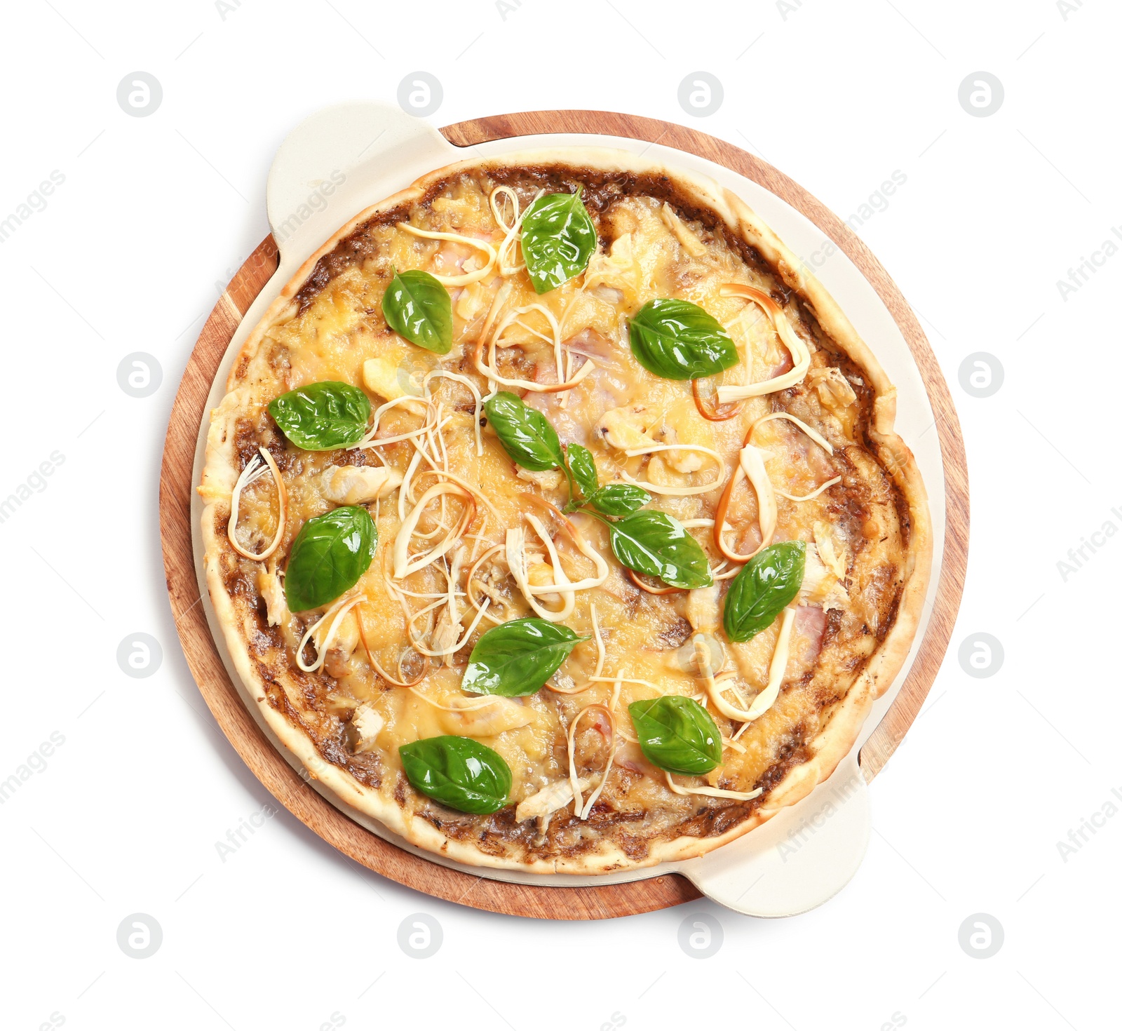 Photo of Wooden board with delicious homemade pizza on white background, top view