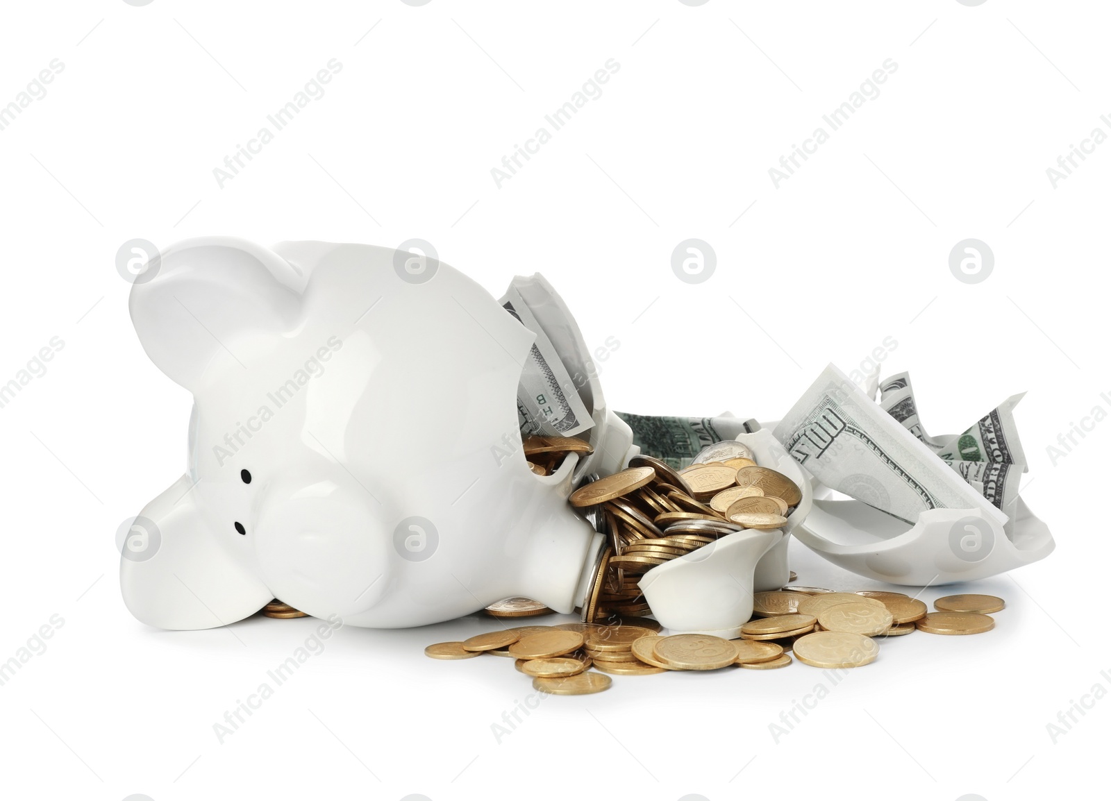 Photo of Broken piggy bank with money isolated on white