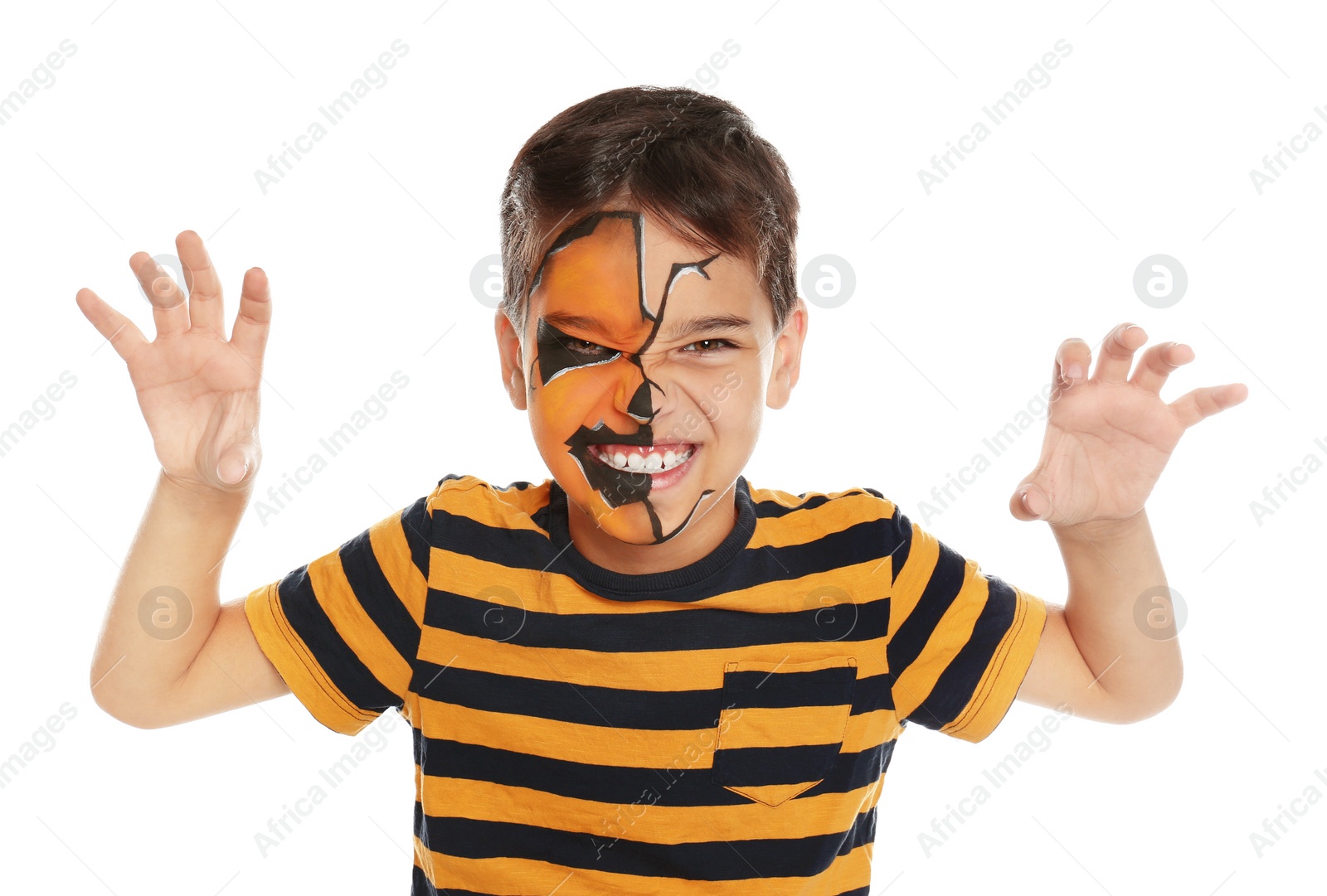 Photo of Cute little boy with face painting on white background