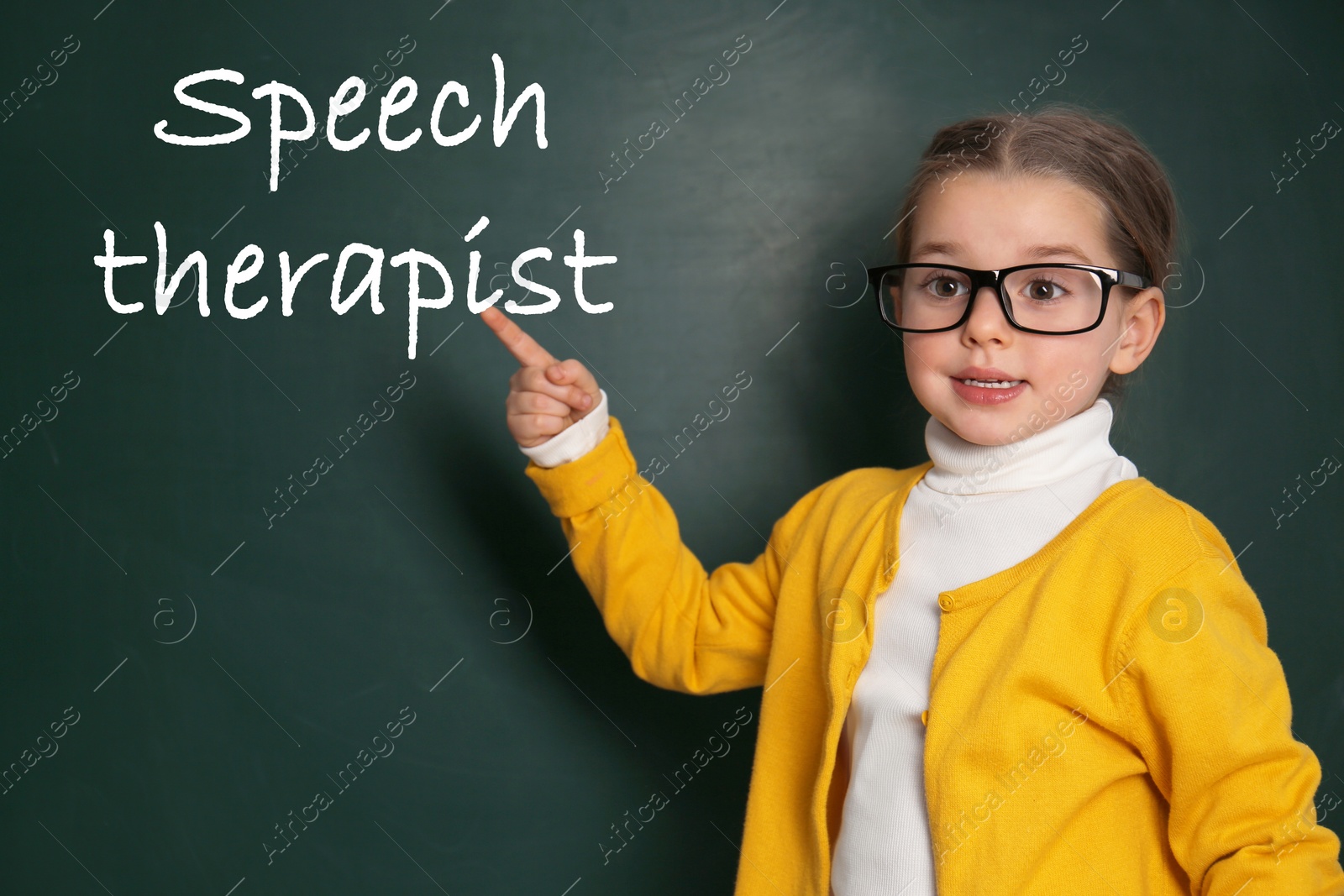 Image of Cute little child near chalkboard and text Speech Therapist 