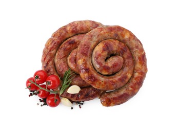 Photo of Delicious homemade sausages with spices and tomatoes isolated on white, top view