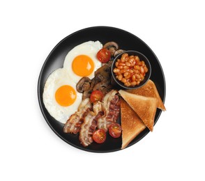 Plate with fried eggs, mushrooms, beans, bacon, tomatoes and toasted bread isolated on white, top view. Traditional English breakfast