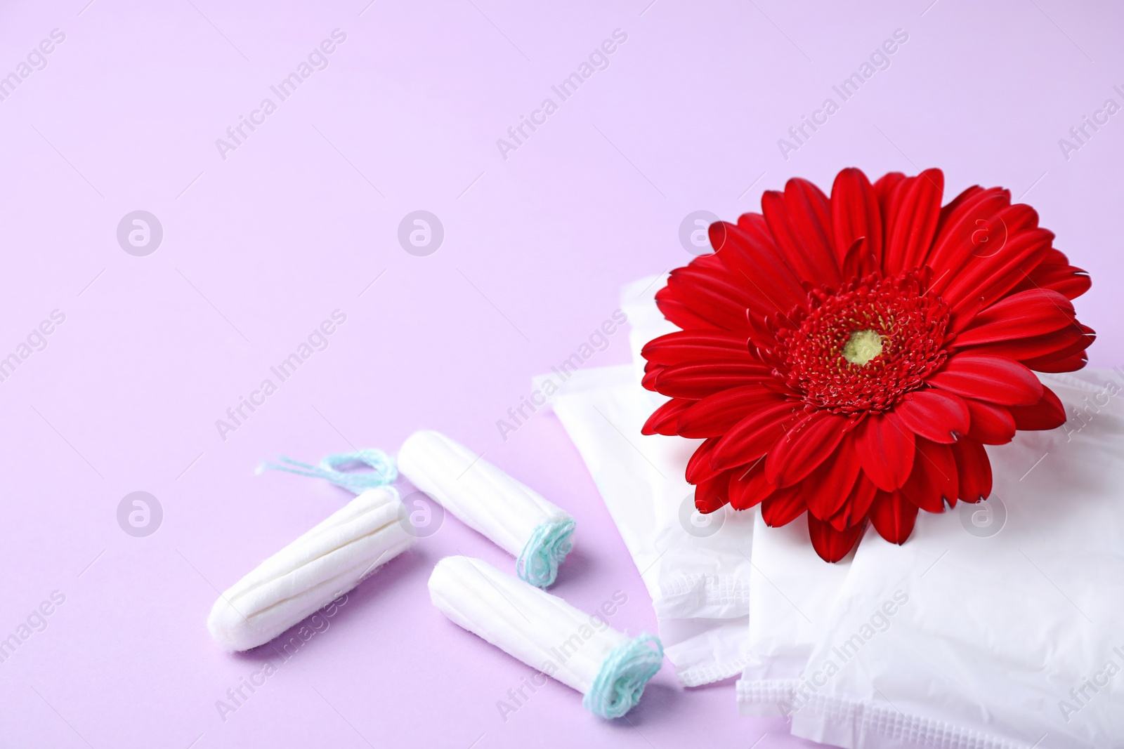 Photo of Different feminine hygiene products and flower on color background. Gynecological care