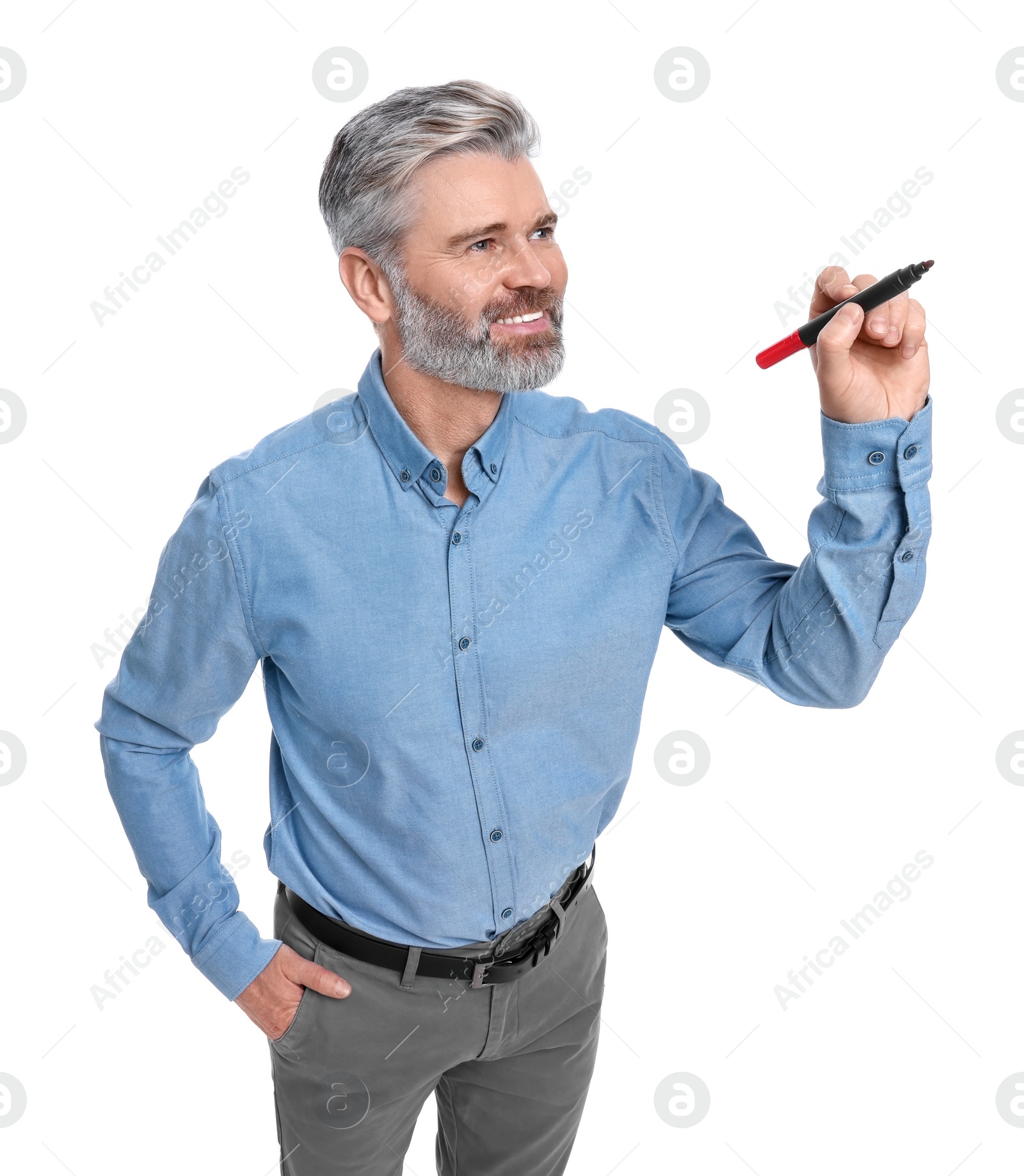 Photo of Mature businessman with marker on white background, above view