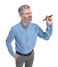 Photo of Mature businessman with marker on white background, above view