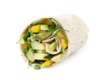 Photo of Delicious sandwich wrap with fresh vegetables isolated on white