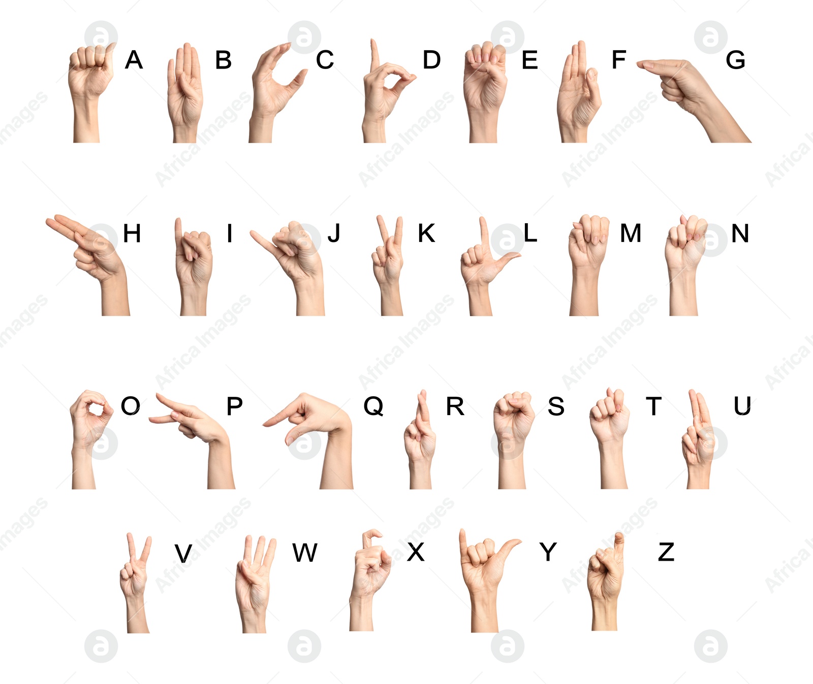 Image of Sign language alphabet. Hand gestures and corresponding letters on white background