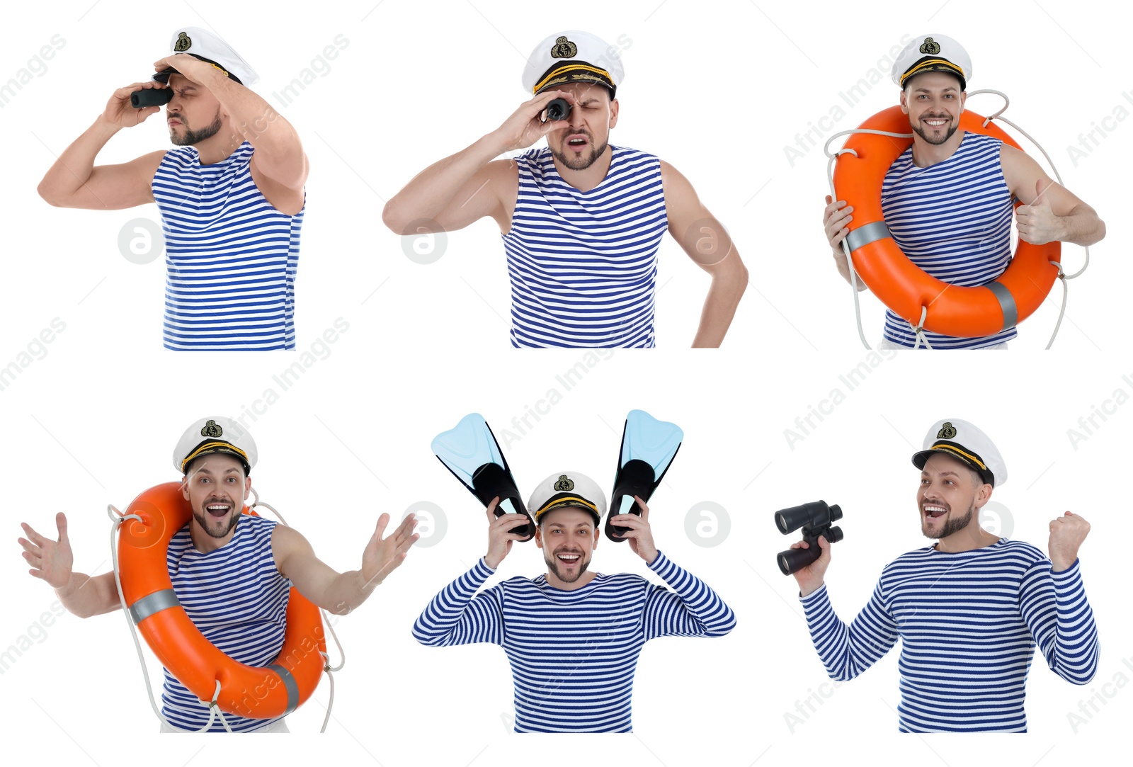 Image of Collage with photos of sailor on white background