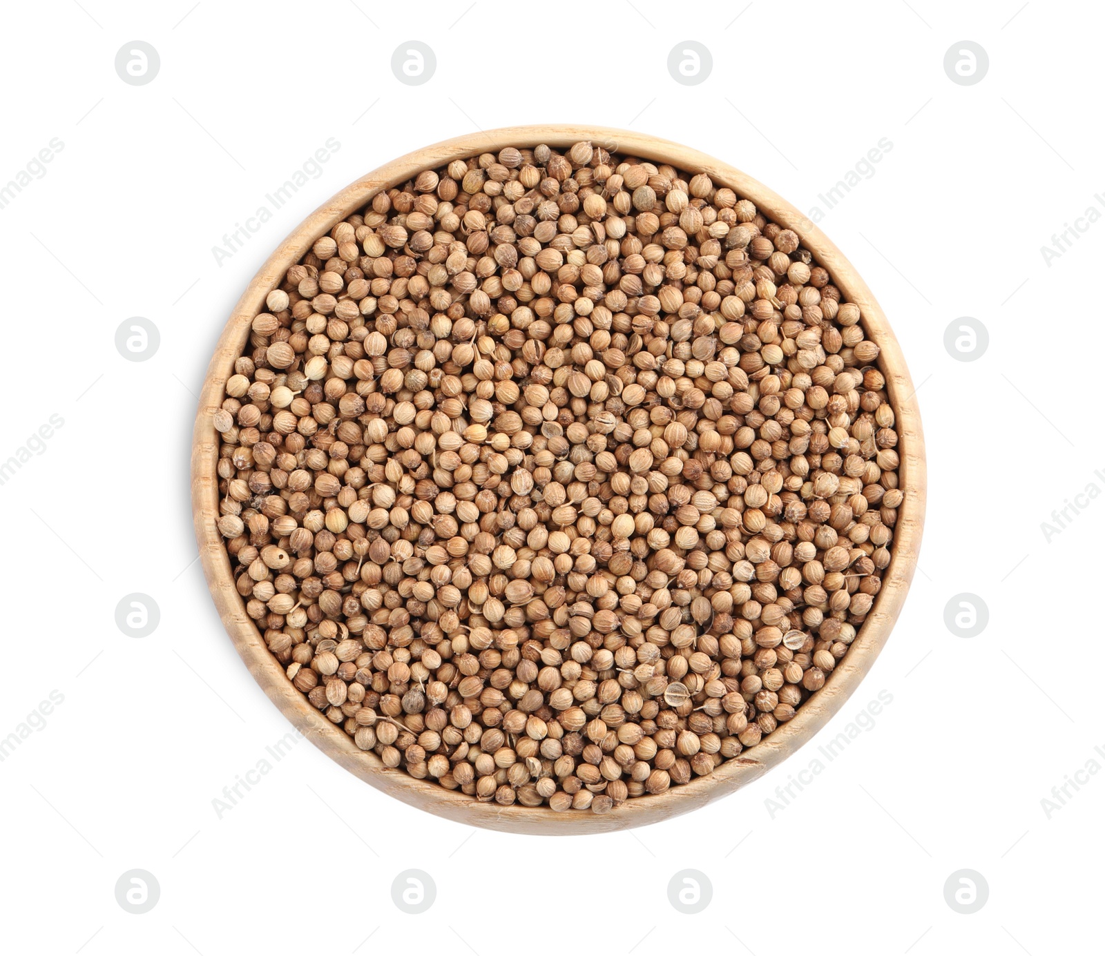 Photo of Dried coriander seeds in wooden bowl on white background, top view