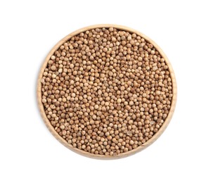 Dried coriander seeds in wooden bowl on white background, top view