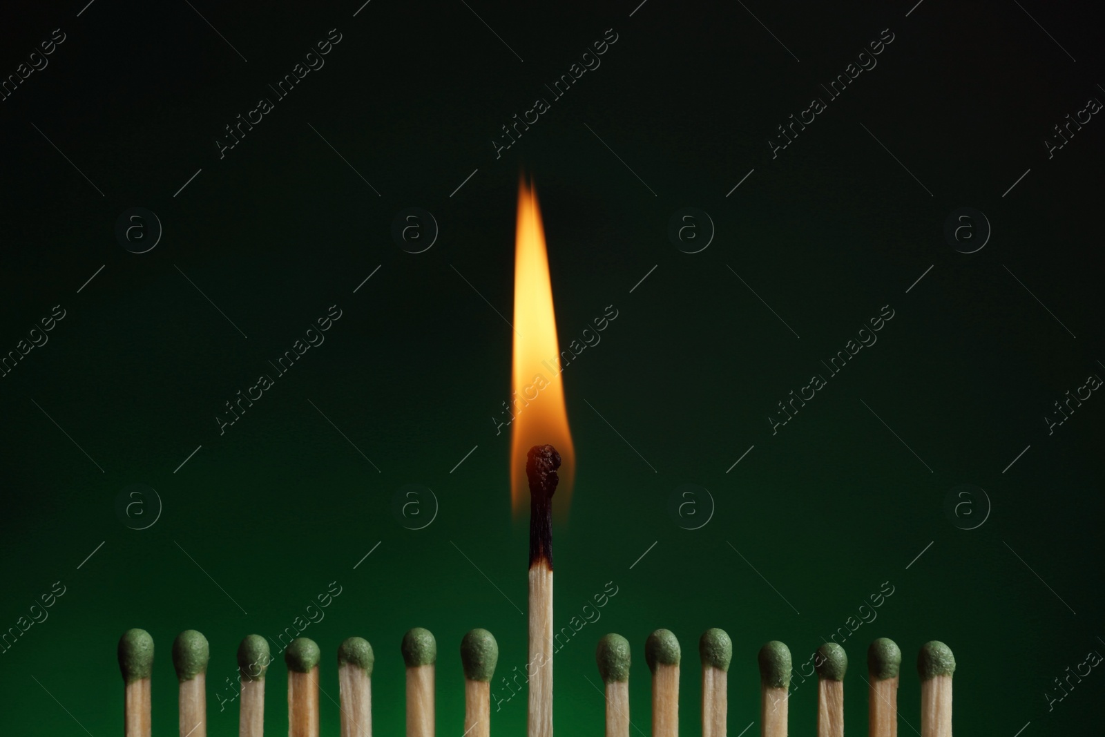 Photo of Burning match among others on color background. Difference and uniqueness concept