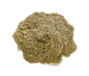 Heap of hemp protein powder on white background, top view