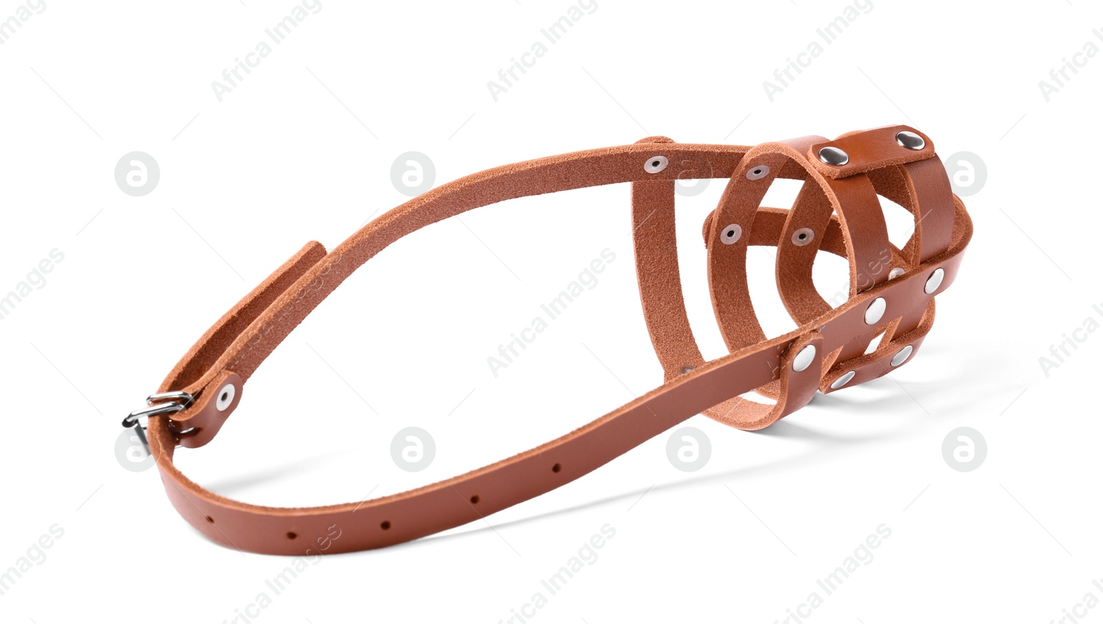 Photo of Brown leather dog muzzle isolated on white