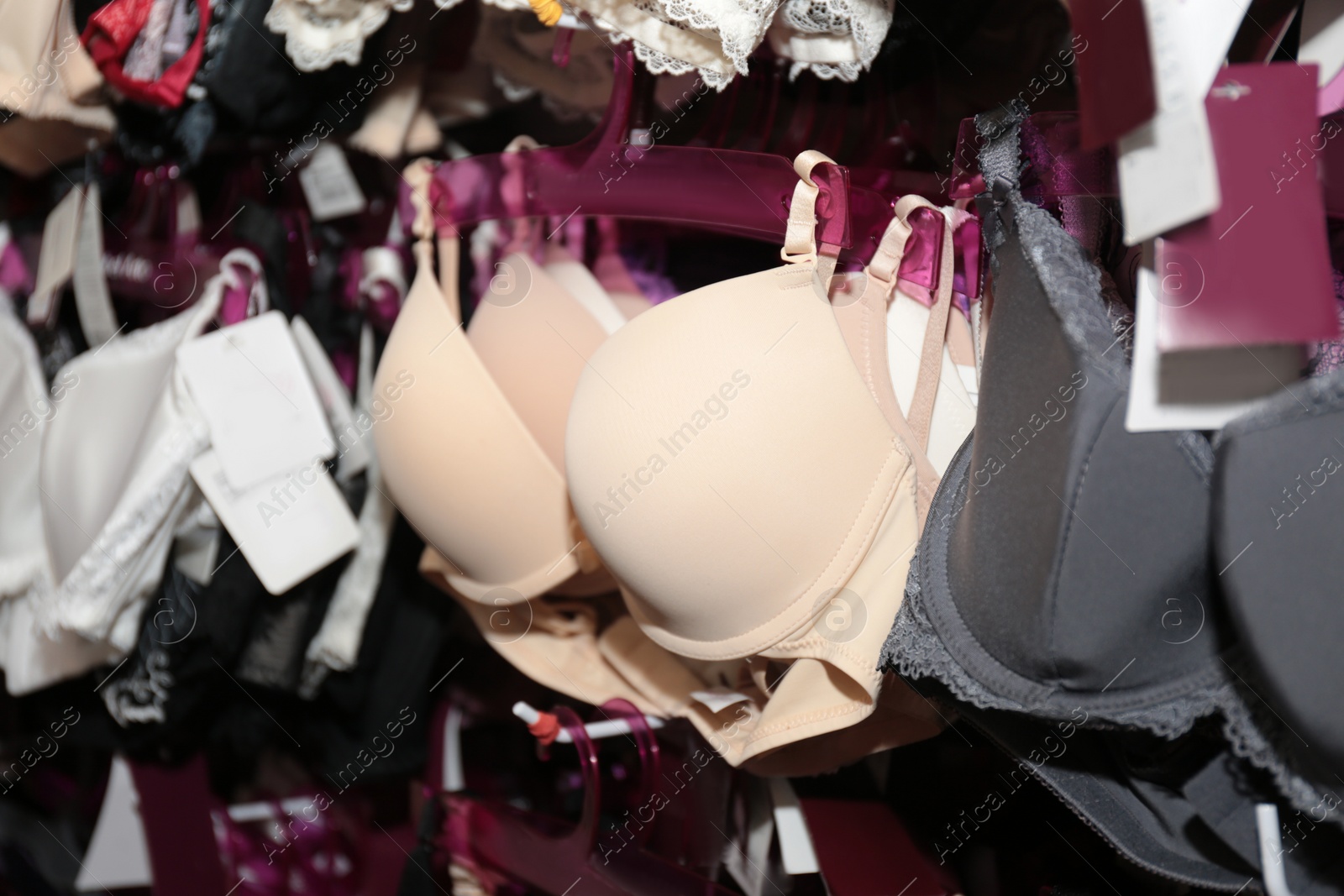 Photo of Different bras on hangers in underwear store