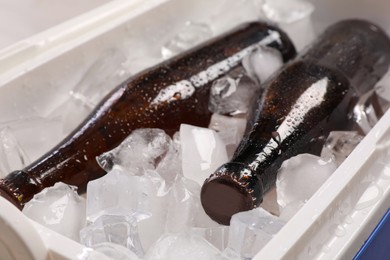 Photo of Plastic cool box with ice cubes and beer, closeup