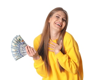 Photo of Young woman with money on white background