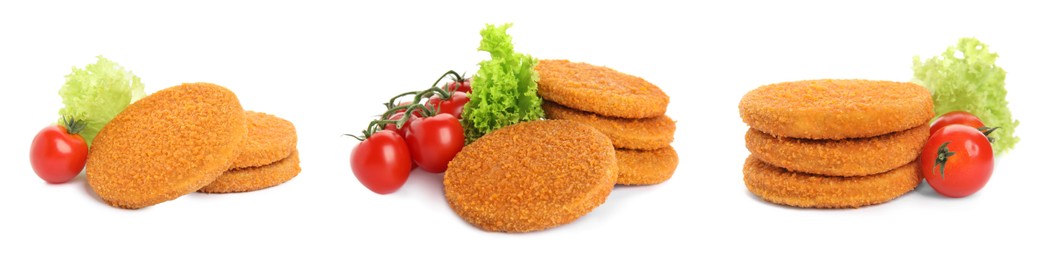 Image of Set with tasty breaded cutlets on white background, banner design 