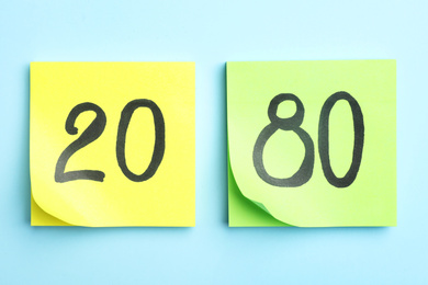 Sticky notes with numbers 20 and 80 on light blue background, flat lay. Pareto principle concept