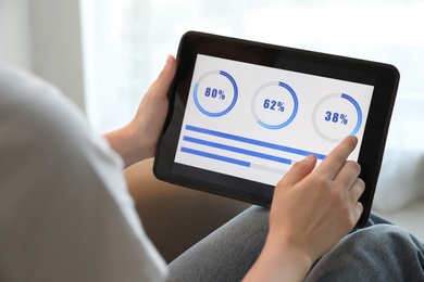 Photo of Woman working with tablet at home, closeup