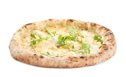 Delicious cheese pizza with arugula isolated on white