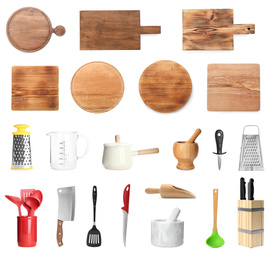 Image of Set with different cooking utensils on white background