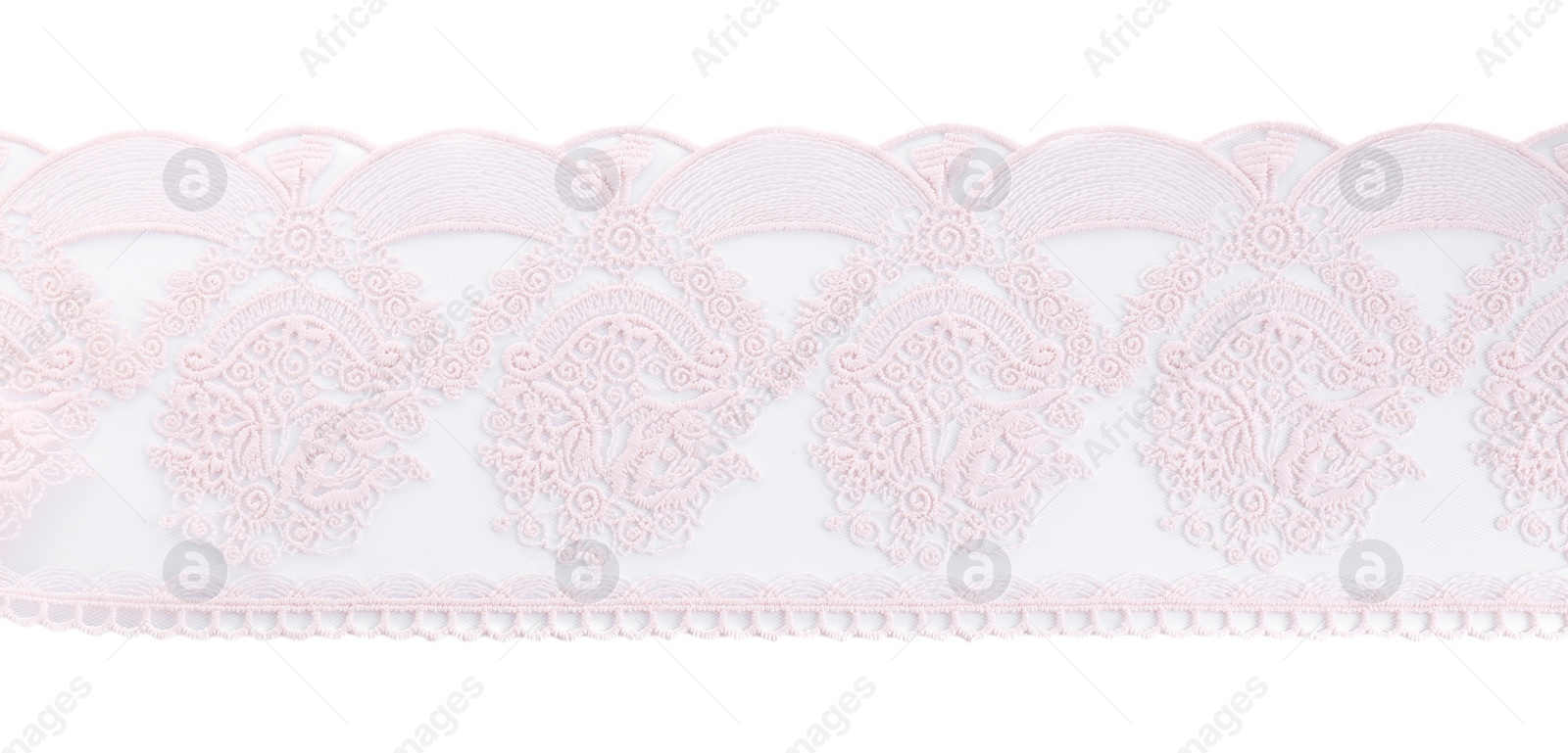 Photo of Beautiful lace isolated on white, top view