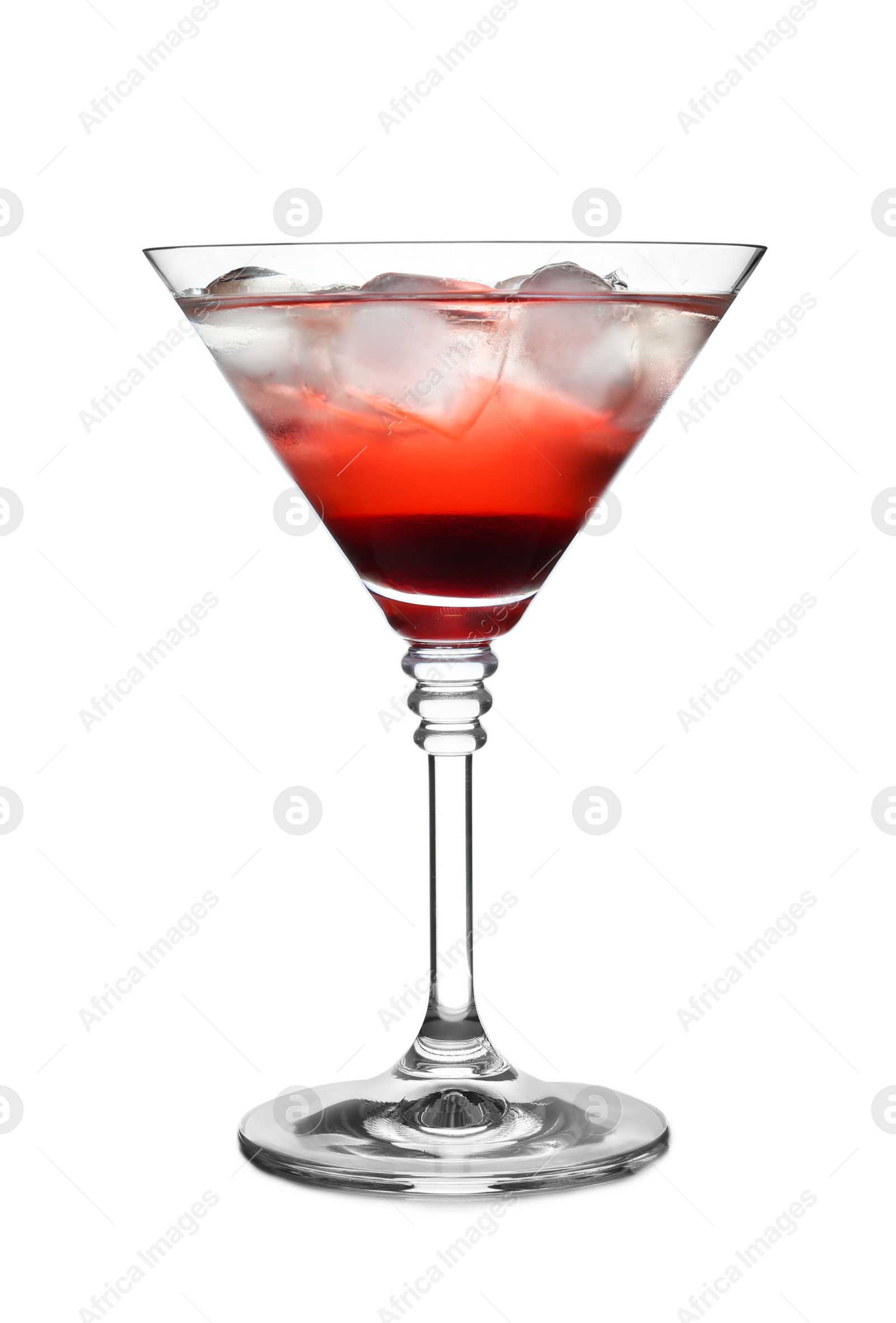 Photo of Glass of martini cocktail with ice cubes on white background
