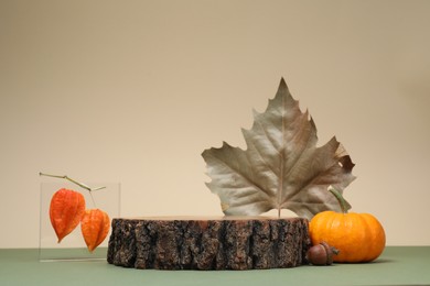 Stylish presentation for product. Wooden stump and autumn decor on color background