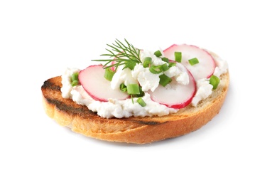 Tasty bruschetta with radish and herbs on white background